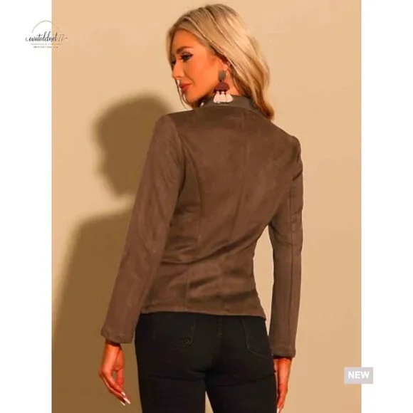 Faux Suede Blazer Lapel Collar Button Front Long Sleeve Jacket - Picture 3 of 6